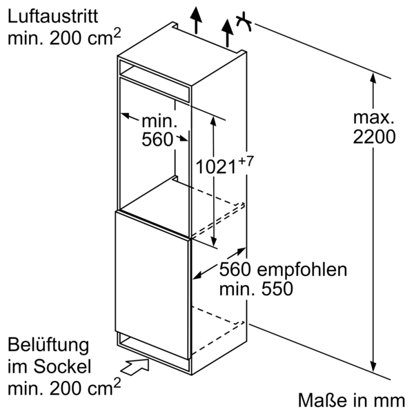 Bosch Einbaukühlschrank mit Gefrierfach, 102.5x56 cm Schleppscharnier  KIL32NSE0