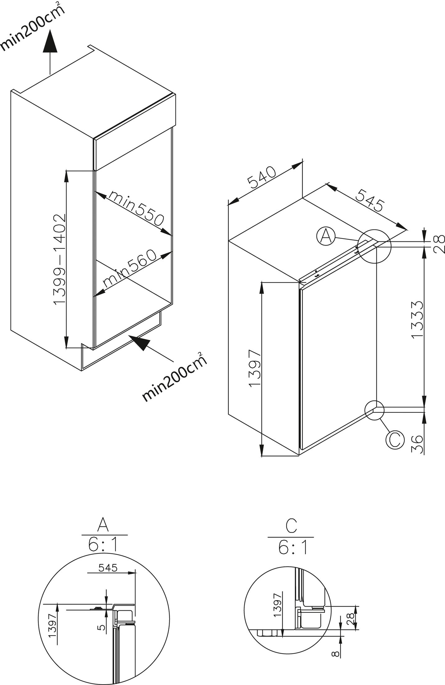 Amica Einbau-Kühlschrank mit Gefrierfach 139.7 x 54 x 54 cm EKSS364200